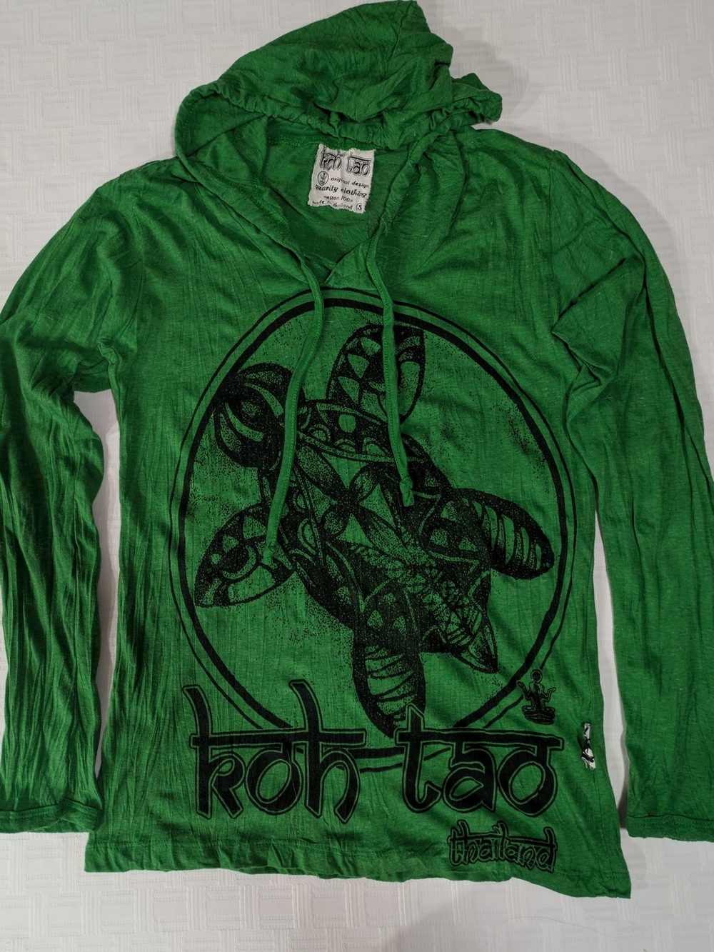 Vintage Green Koh Tao Sea Turtle Graphic Hooded Long Sleeve Tee - Size S